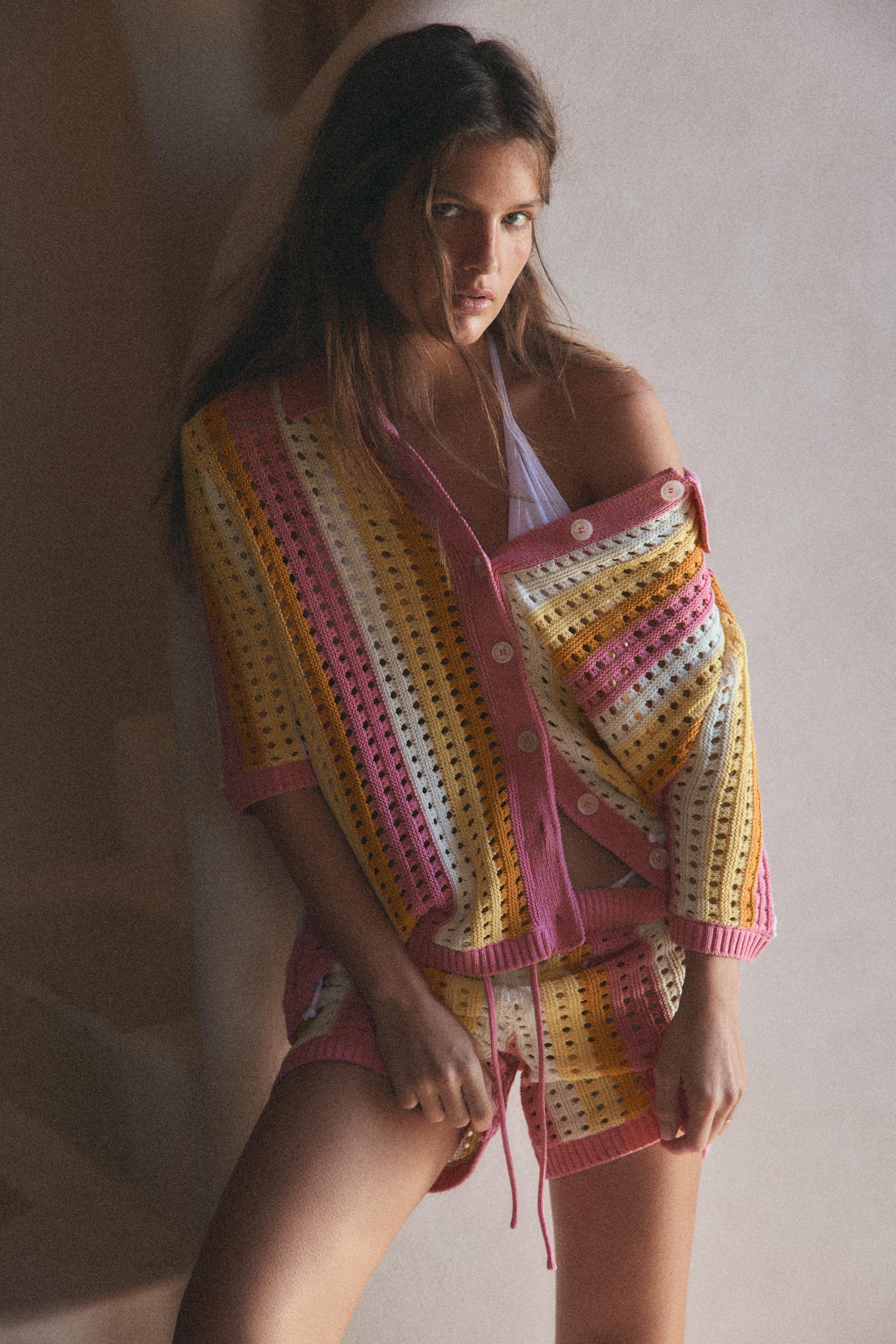 STRIPED OPENWORK KNIT SHORTS